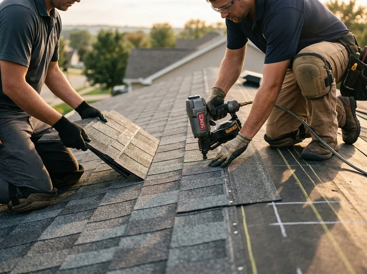 Professional roofer working on a residential roof in Sunbury